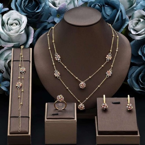 Fashionable Women's 4-Piece Hand-Woven Gold & Multi-Color Copper Beads Wave Earrings & Open Cuff Bracelet Set