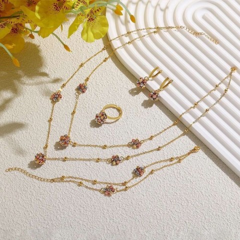 Fashionable Women's 4-Piece Hand-Woven Gold & Multi-Color Copper Beads Wave Earrings & Open Cuff Bracelet Set