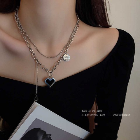 Baoyu Jewelry Unisex Pendant Necklaces, Titanium Steel Charm, Minimalist Design, Multi-layer Chain, Geometric Heart Pattern