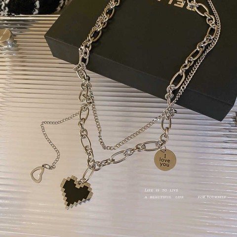 Baoyu Jewelry Unisex Pendant Necklaces, Titanium Steel Charm, Minimalist Design, Multi-layer Chain, Geometric Heart Pattern
