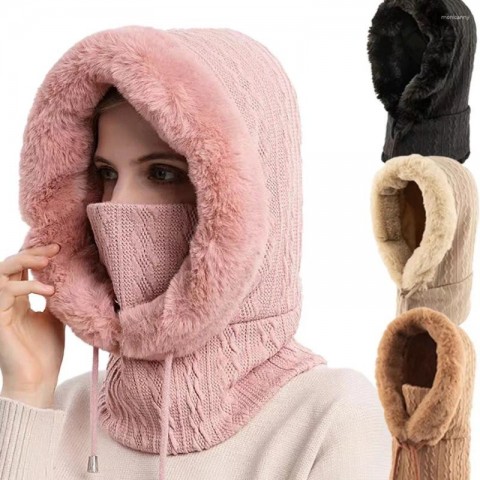 Winter Women's Fur Beret Set with Mask and Hood