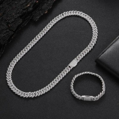 High-Quality 10mm Lab-Created Diamond Cuban Chain Men's Sterling Silver Plated Necklace with Zircon