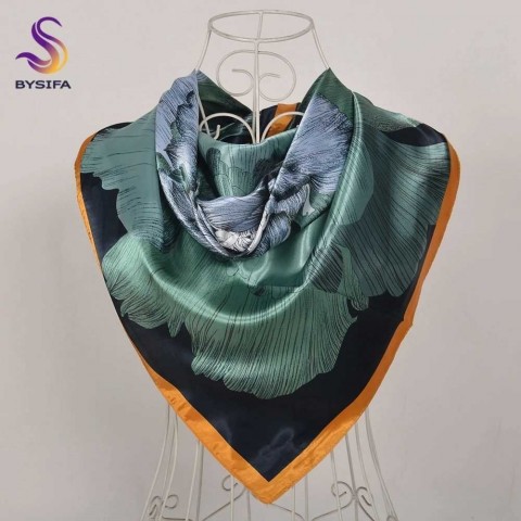 BYSIFA New Elegant Floral Design Silk Scarf - Green & Orange, 90x90cm, Women's