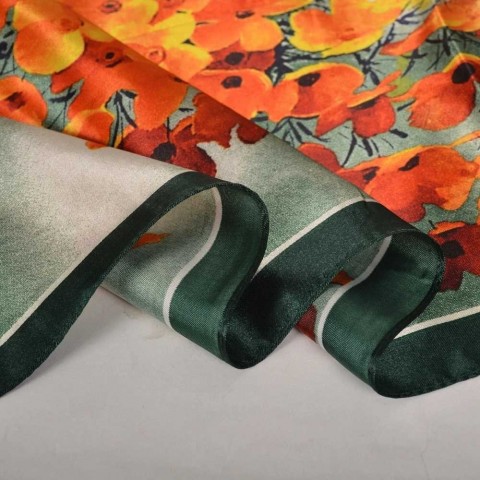 BYSIFA New Elegant Floral Design Silk Scarf - Green & Orange, 90x90cm, Women's