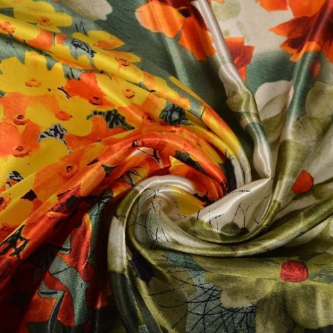 BYSIFA New Elegant Floral Design Silk Scarf - Green & Orange, 90x90cm, Women's