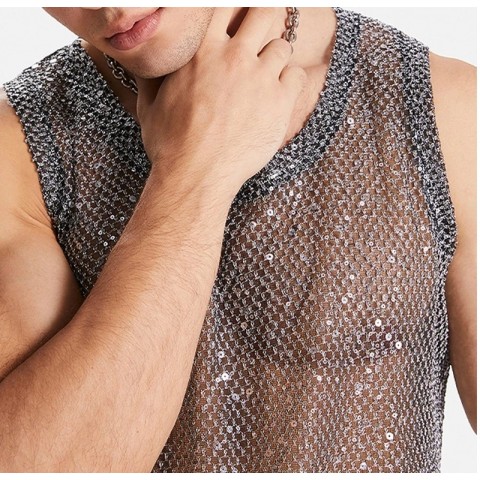 Sexy Transparent Mesh Tank Tops for Men - Stage Wear & Nightclub Fashion