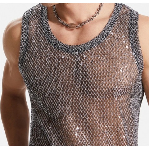 Sexy Transparent Mesh Tank Tops for Men - Stage Wear & Nightclub Fashion