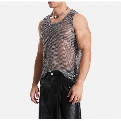 Sexy Transparent Mesh Tank Tops for Men - Stage Wear & Nightclub Fashion