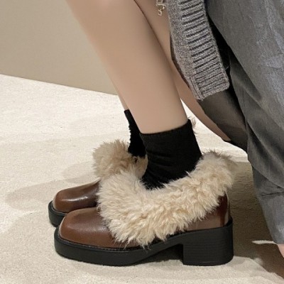Casual Leather Loafers for Women: Plush Warm Coarse Heel Shoes, Black/Brown, Free Shipping