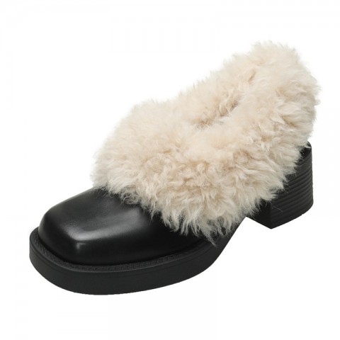 Casual Leather Loafers for Women: Plush Warm Coarse Heel Shoes, Black/Brown, Free Shipping