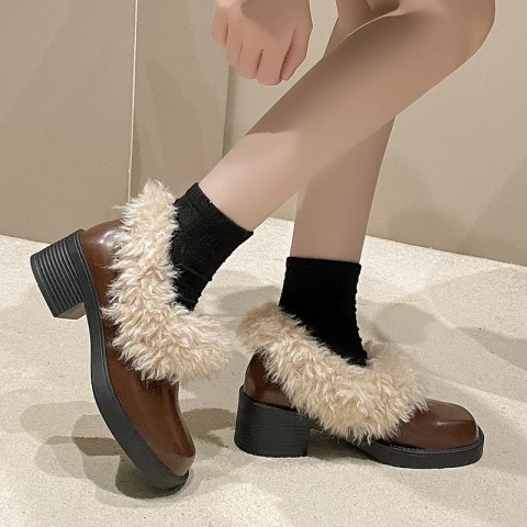 Casual Leather Loafers for Women: Plush Warm Coarse Heel Shoes, Black/Brown, Free Shipping