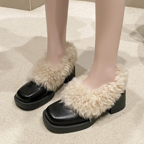 Casual Leather Loafers for Women: Plush Warm Coarse Heel Shoes, Black/Brown, Free Shipping