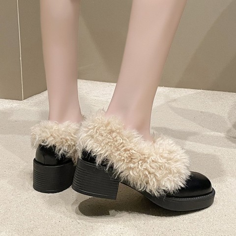 Casual Leather Loafers for Women: Plush Warm Coarse Heel Shoes, Black/Brown, Free Shipping
