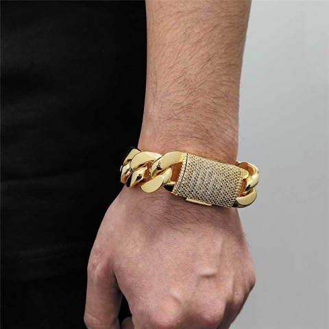 Punk Charm 18K Gold Plated Cuban Link Bracelet with AAA Zirconia for Unisex