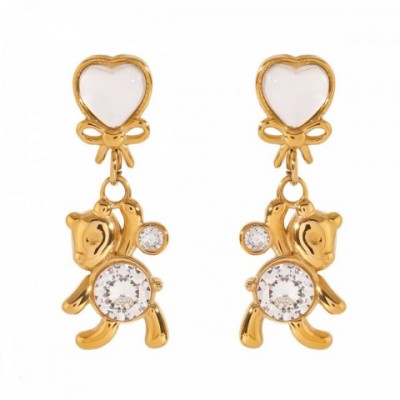 Stainless Steel Bear Earrings with White Zircon - Bohemian Stud Earrings for Women