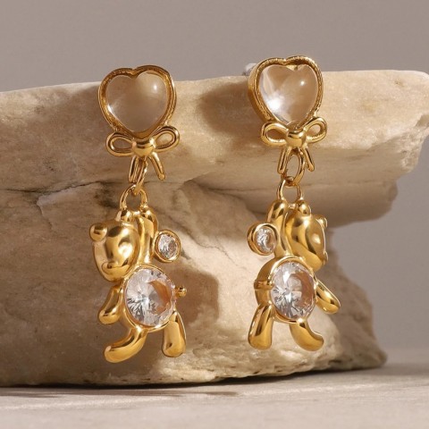 Stainless Steel Bear Earrings with White Zircon - Bohemian Stud Earrings for Women