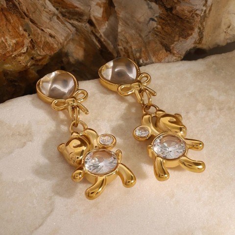 Stainless Steel Bear Earrings with White Zircon - Bohemian Stud Earrings for Women