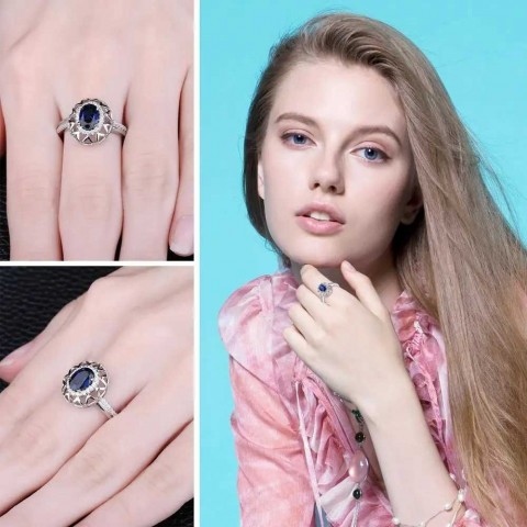 Jewelry Palace Women's Fashion Oval Sapphire 925 Sterling Silver Halo Engagement Ring