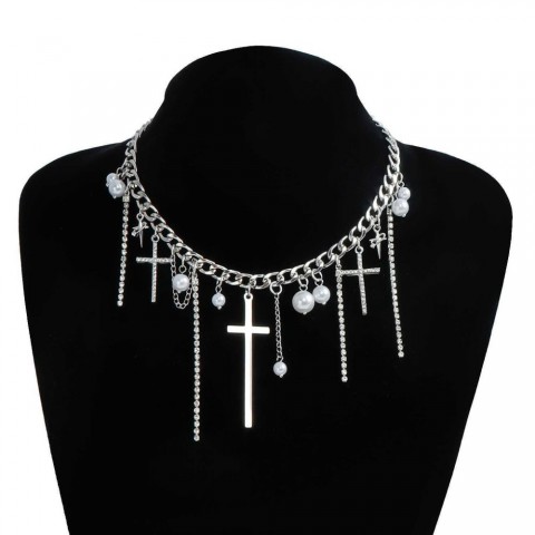 Zuo Wen Women's Cool Gothic Style Cross Pendant Necklace with Green Mother-of-Pearl
