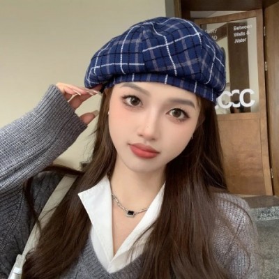 Plaid Beret Fashion Hat for Women - Retro Flower Design