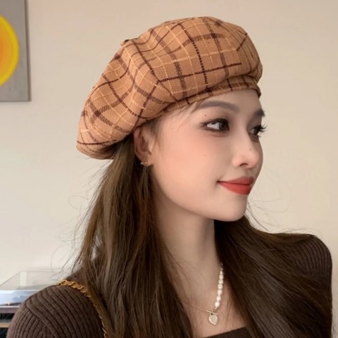 Plaid Beret Fashion Hat for Women - Retro Flower Design