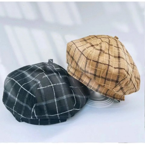 Plaid Beret Fashion Hat for Women - Retro Flower Design