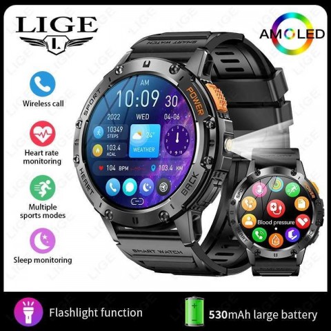 LIGE Men's Smart Wristwatch - AMOLED Screen, 530mAh Battery, Bluetooth, Black Band