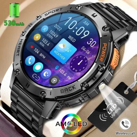 LIGE Men's Smart Wristwatch - AMOLED Screen, 530mAh Battery, Bluetooth, Black Band