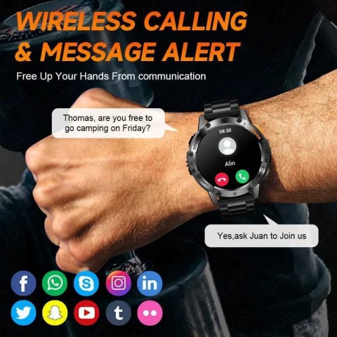 LIGE Men's Smart Wristwatch - AMOLED Screen, 530mAh Battery, Bluetooth, Black Band