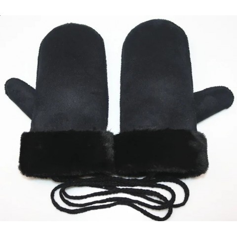 Luxurious Faux Fur Men's Winter Gloves with Suede Trim and Neck Strap