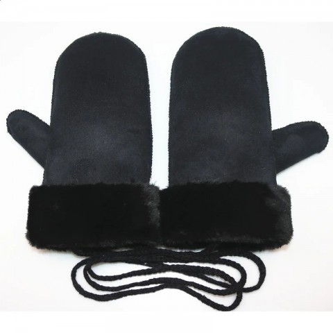 Luxurious Faux Fur Men's Winter Gloves with Suede Trim and Neck Strap