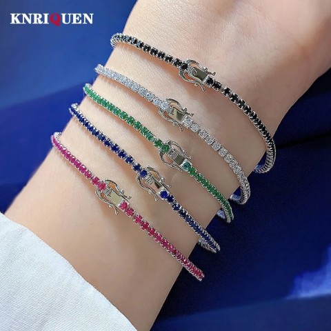 Trend Women's Exquisite 2mm Jade Sapphire Lab Diamond Chain Bracelet 925 True Silver