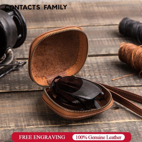 Retro Cow Leather Women's Sunglasses Case - Portable Folding Travel Pack Pouch