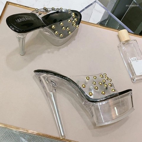 Xiaoxiangtai Women's Crystal Transparent Slippers High Heel Plus Size Platform T-Model