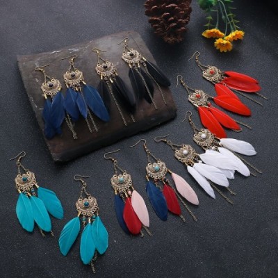 Boho Style Women's Long Feather Dangle Earrings with Silver Flower Beads - Vintage Fashion Jewelry