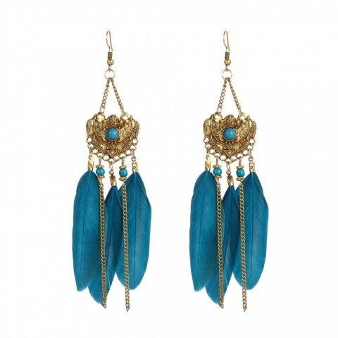 Boho Style Women's Long Feather Dangle Earrings with Silver Flower Beads - Vintage Fashion Jewelry