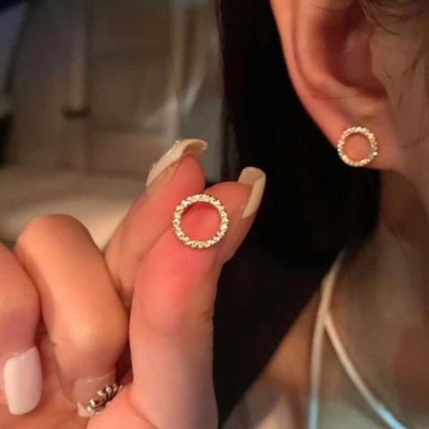Fashion Minimalist Circle Stud Earrings with Crystal Cubic Zirconia for Women