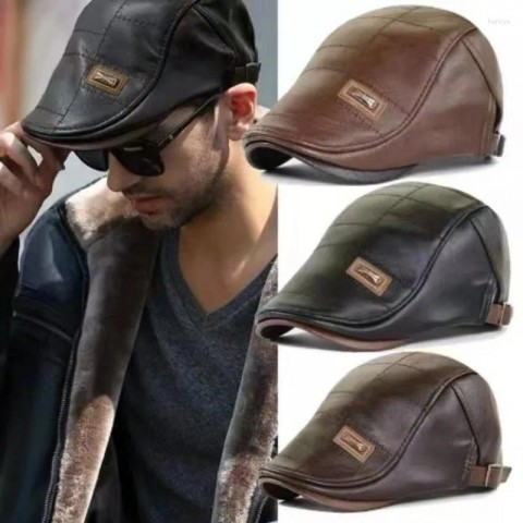 Men's Classic PU Leather Beret - Warm and Stylish Fashion Hat