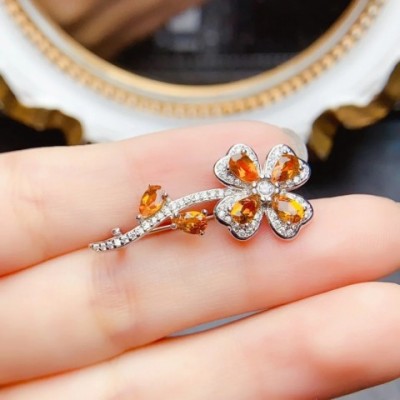 Natural Citrine Flower Brooch in Sterling Silver S925 for Women with Certificate from MeiBaPJ250122