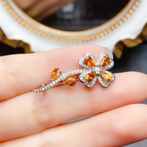 Natural Citrine Flower Brooch in Sterling Silver S925 for Women with Certificate from MeiBaPJ250122
