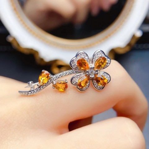 Natural Citrine Flower Brooch in Sterling Silver S925 for Women with Certificate from MeiBaPJ250122