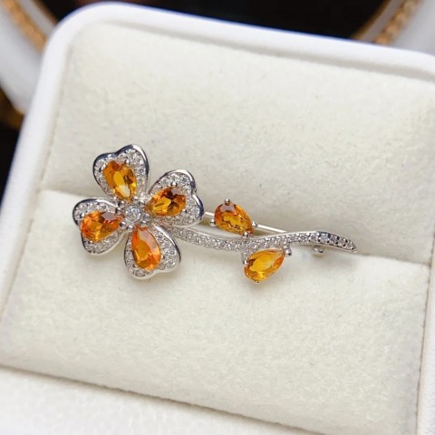 Natural Citrine Flower Brooch in Sterling Silver S925 for Women with Certificate from MeiBaPJ250122