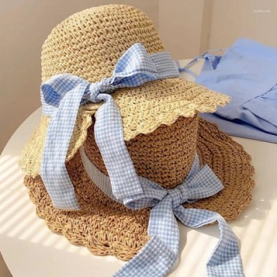 Wide Brim Women's Summer Straw Hat with Plaid Bow and UV Protection