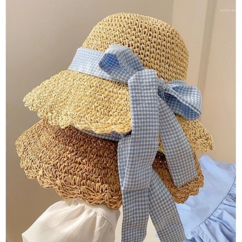 Wide Brim Women's Summer Straw Hat with Plaid Bow and UV Protection