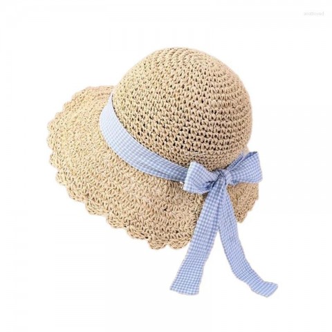 Wide Brim Women's Summer Straw Hat with Plaid Bow and UV Protection