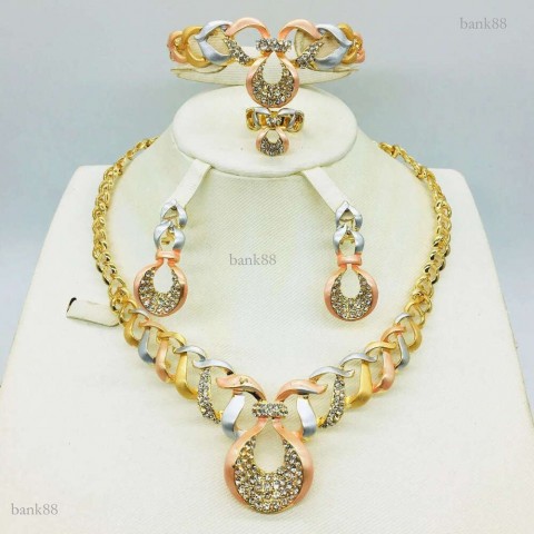 African Inspired Women's Gold Tone Bridal Jewelry Set with Pearl