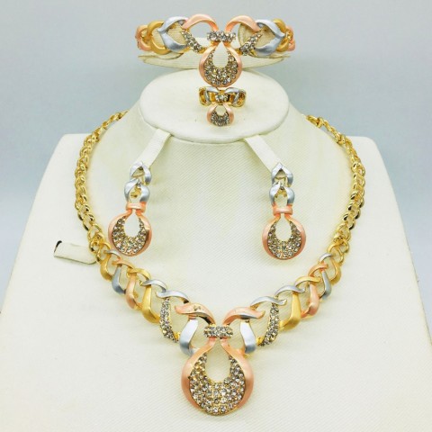 African Inspired Women's Gold Tone Bridal Jewelry Set with Pearl