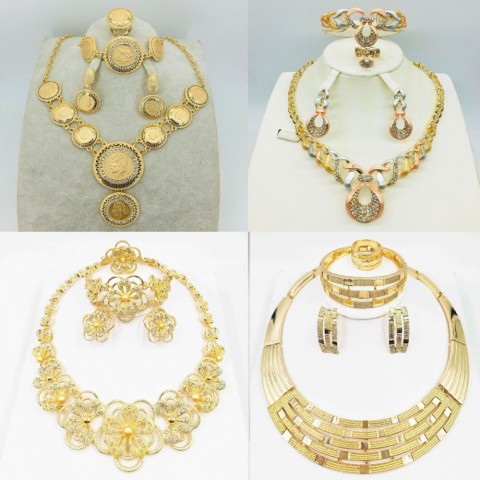 African Inspired Women's Gold Tone Bridal Jewelry Set with Pearl