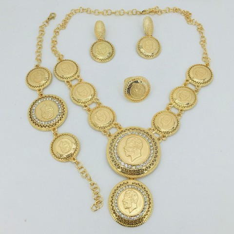 African Inspired Women's Gold Tone Bridal Jewelry Set with Pearl