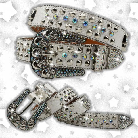 Leather Strap Sparkle Diamond Skull Belt for Men with Rhinestone Details
